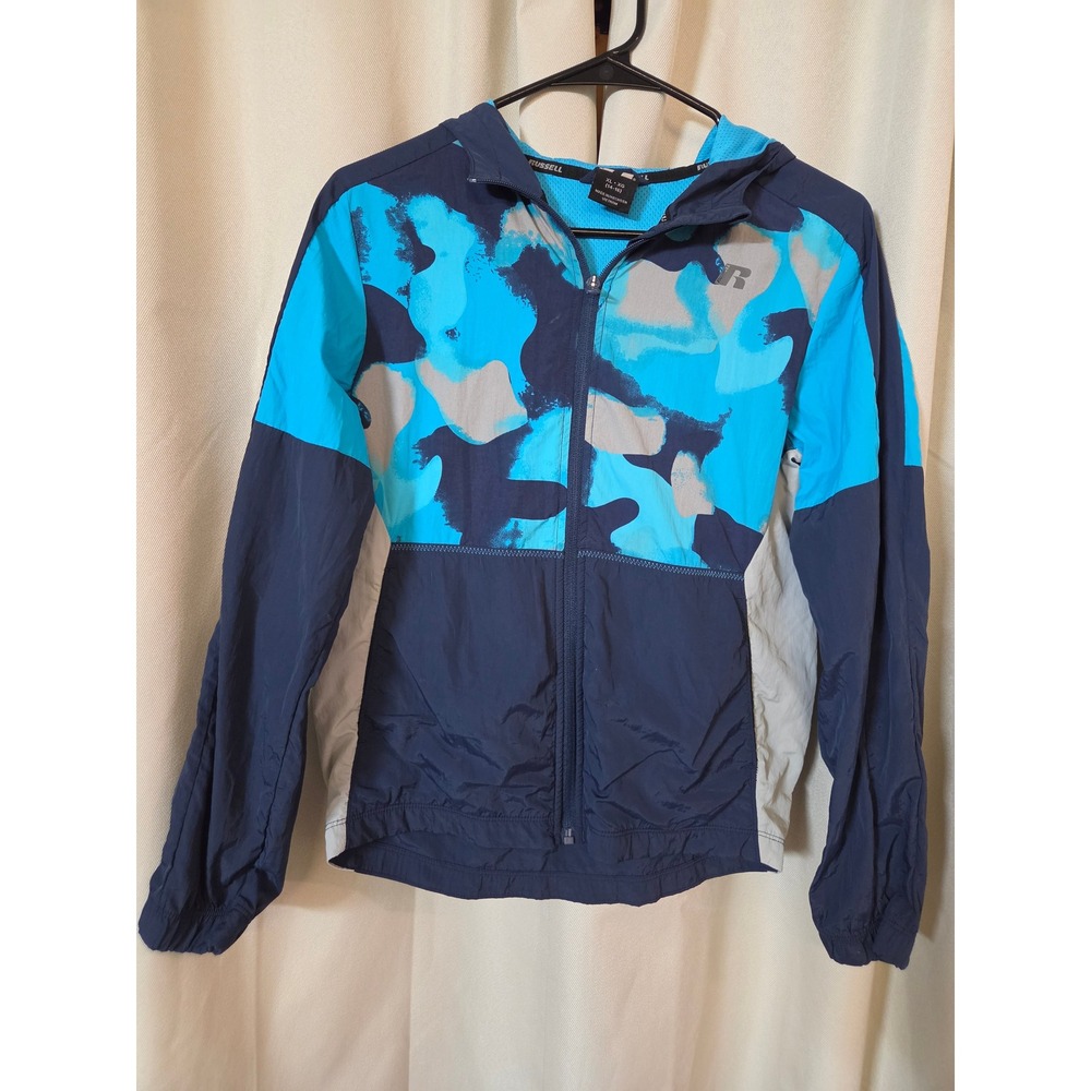 Russell Boys Blue Camo Full Zip Windbreaker Jacket Hooded Mesh Lined XL 14-16